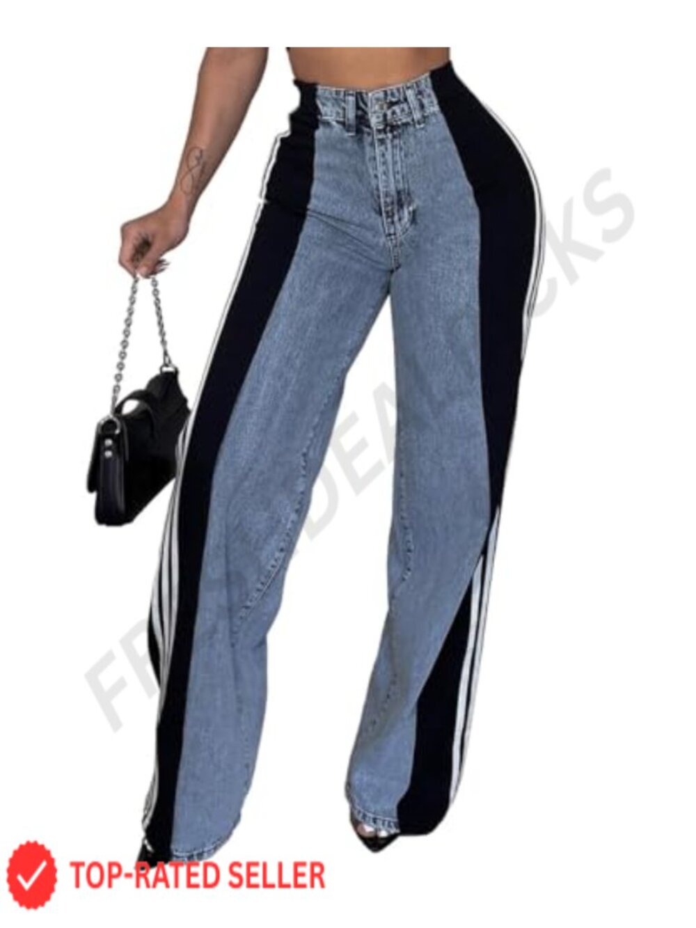 High Waisted Wide Leg Patchwork Stretch Jeans